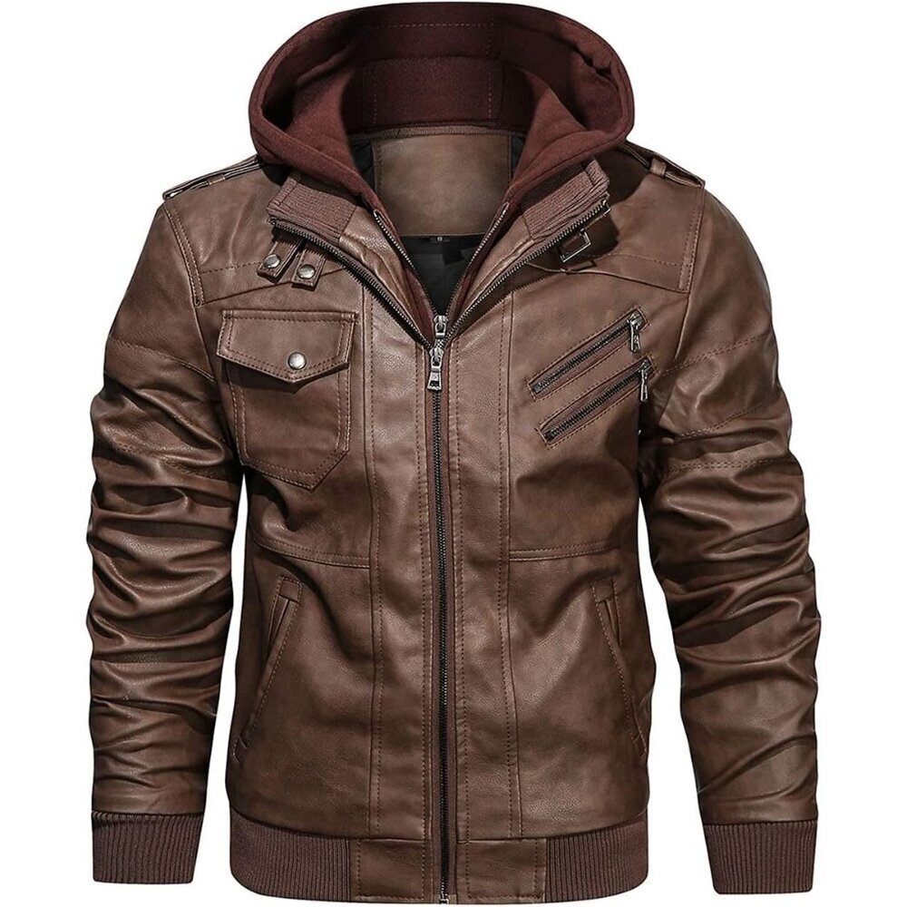 🆕Mens Brown HOOD CREW Faux Leather Motorcycle Bomber Jacket Removable Hood
